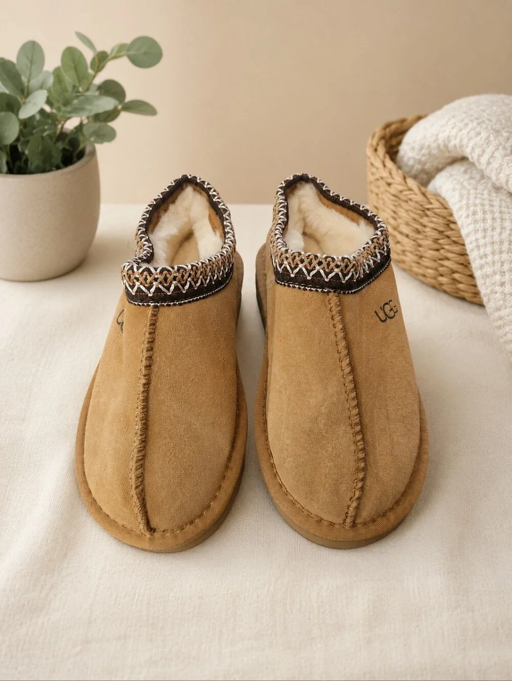 UGG Chestnut Suede Shearling Slip-On Clogs